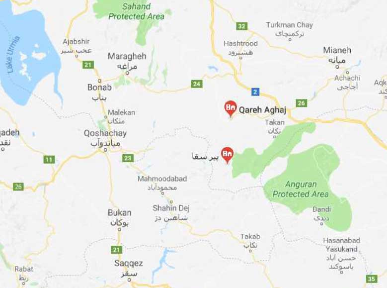  نقشه  آبشار پیرسقا قره‌آقاج